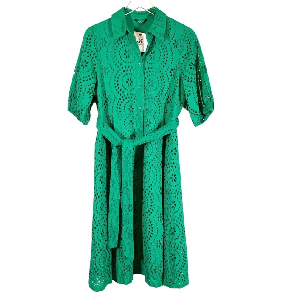 JASON WU Women's 6/medium Green Eyelet Short Sleeve Button DownShirt Midi Dress
